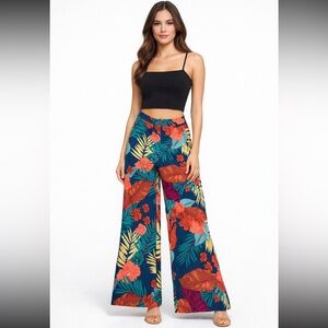 YOZY Tropical Floral Wide Leg Pants L Boho Resort Beach Vacation Palazzo Pants